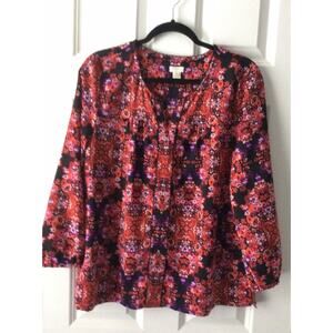 J. Crew Floral Printed Top w/ Tiny Ball Fringe at Neck - Medium